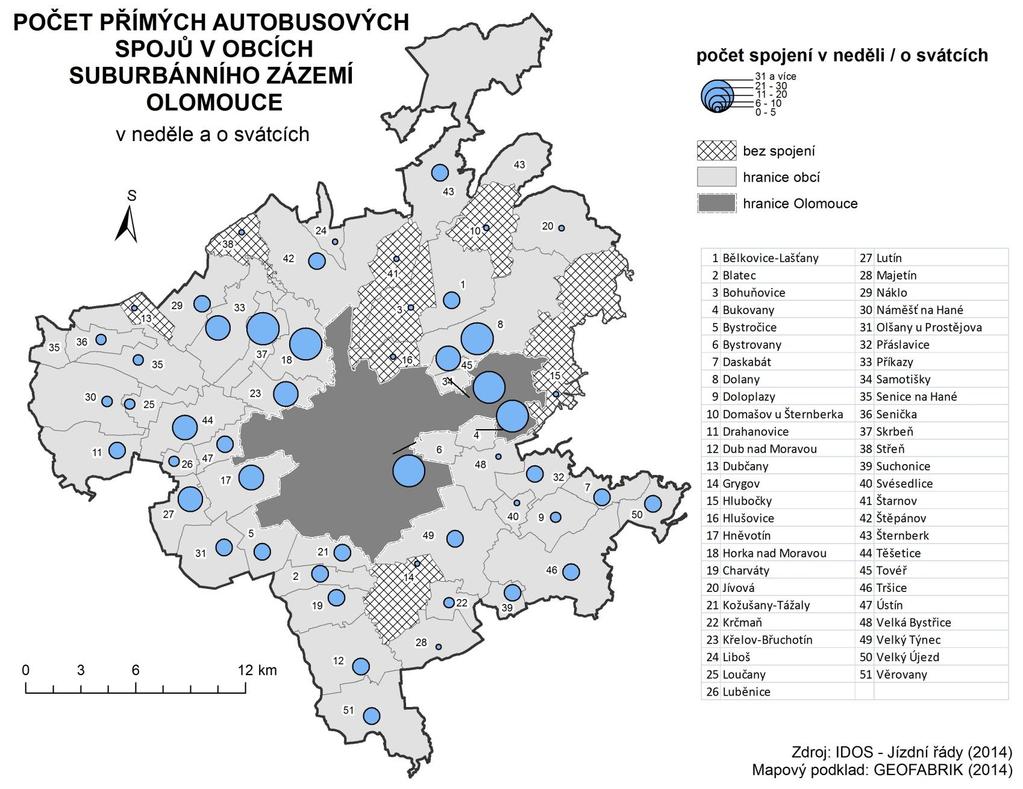 Příloha 14: Mapa počtu přímých autobusových spojů v obcích