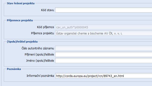 Zápis nové autority Akronym Číslo projektu Program (prefix) Název Roky