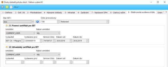 Fakturace Řady faktur V editoru řad faktur zadáváte na záložce 9 Elektronická evidence tržeb údaje týkající se EET, které se přednastaví