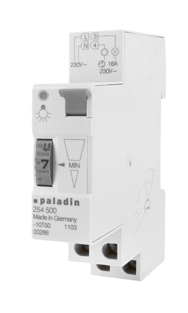 PAADI - montáž na nosnou lištu - DI ázev (typ) apětí Proud Typ spínače 814 Paladin 2400 230 V, 0 Hz 16 A elektromechanický 1-7 min TS 3 mm -10 až 0 C IP20 1 Elektromechanický schodišťový automat Pro