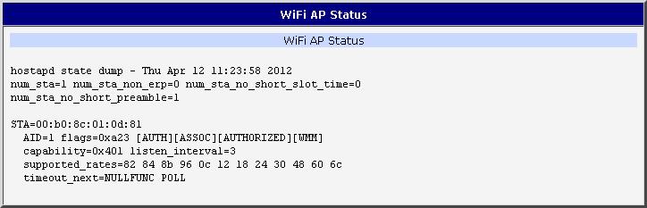 4. Popis konfigurace 4.1. Stavové informace WiFi 4.1.1. WiFi AP Po zvolení volby WiFi AP v sekci status se zobrazí informace o WiFi přístupovém bodu routeru a o připojených klientech.