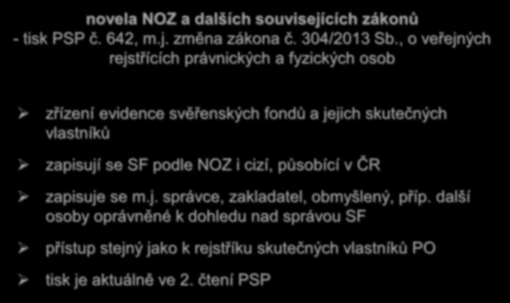 Nové a připravované předpisy novela NOZ a dalších souvisejících zákonů - tisk PSP č. 642, m.j. změna zákona č. 304/2013 Sb.