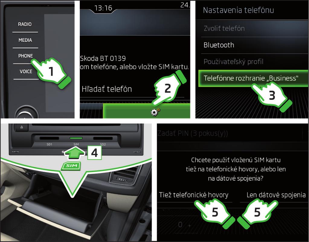 Vytvorenie spojenia pomocou SIM karty v externom module Zapnite zapaľovanie a tiež systém Infotainment.