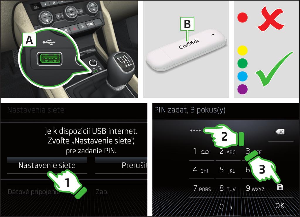 Vytvorenie spojenia pomocou prístroja CarStick Pri prvom použití zvoľte nastavenie dátových služieb, ako aj požadovaného poskytovateľa dátových