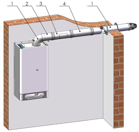 Odtahy spalin - klasické turbokotle ODKOUŘENÍ Ø 0/00 - HORIZONTÁLNÍ PŘÍKLAD INSTALACE základní sada odkouření ø 0/00, horizontální, s měř. místy, skl. č.