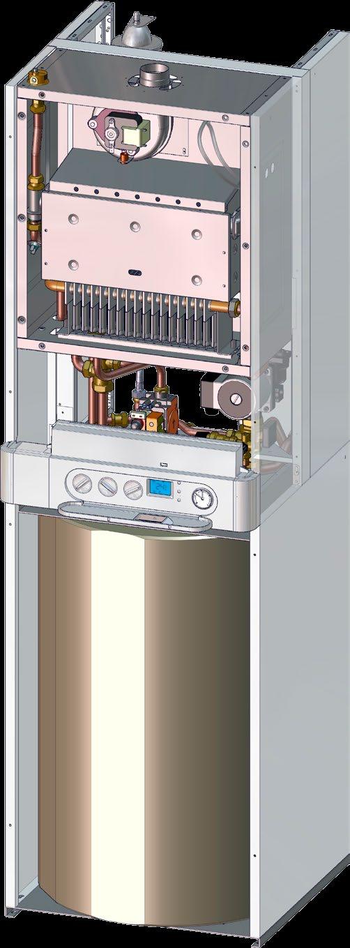 A - pro vytápění a přípravu teplé vody v zabudovaném 00 l smaltovaném zásobníku, provedení turbo - Nízkonoxový hořák - Výměník (spaliny - voda) - Trojcestný ventil - Spalinový ventilátor -