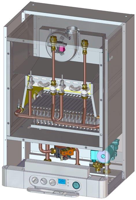 Pojistný ventil - Automatický odvzdušňovací ventil - Třírychlostní čerpadlo - Plynový ventil 8 - Spalovací komora - Ovládací panel 0 - Spalinový termostat Ilustrační obr. THERM DUO 0 T.