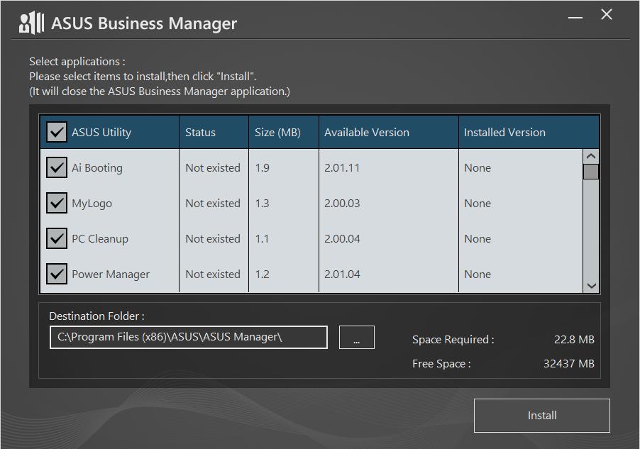 V okně instalačního disku CD klikněte na Utilities (Nástroje) > ASUS Business Manager. 3.