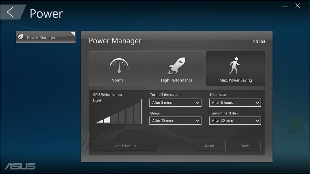 Napájení Kliknutím na Power (Napájení) na hlavní obrazovce programu ASUS Manager můžete konfigurovat možnosti napájení.