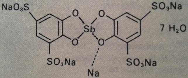 5.42 Stibofen Je to organická sloučenina - antimonový derivát pyrokatecholu s trojmocným antimonem. Používá se na léčbu několika tropických onemocnění (schistosomóza, klonorchióza).