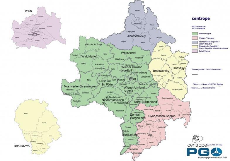 Obrázok 4 Región CENTROPE Zdroj: CENTROPE V regióne CENTROPE sa nachádzajú dve hlavné mestá a niekoľko ďalších veľkých miest (ako Brno a Győr).