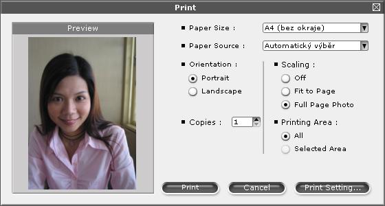 Tisk d Zvolte Paper Size (Rozměr papíru), Paper Source (Zdroj papíru), Orientation (Orientace), Copies (Počet kopií), Scaling (Zvětšení/zmenšení) a Printing Area (Oblast tisku).
