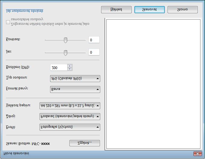 Skenování f Pokud je to potřeba upravte v dialogovém okně skeneru následující nastavení: 1 2 3 4 5 6 2 7 8 1 Profil 2 Zdroj 3 Velikost papíru 4 Formát barvy 5 Typ souboru 6 Rozlišení 7 Jas 8 Kontrast