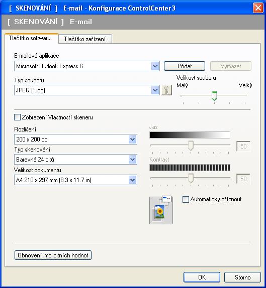 ControlCenter3 E-mail 3 Volba Skenovat do e-mailu vám umožní skenovat dokument do nastavené e-mailové aplikace, takže můžete odeslat naskenovanou úlohu jako přílohu.