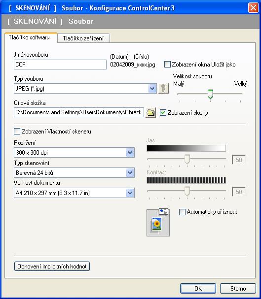 ControlCenter3 Soubor 3 Volba Skenovat do souboru vám umožní skenovat obrázek do složky na pevném disku v jednom z typů souborů uvedených v seznamu příloh.