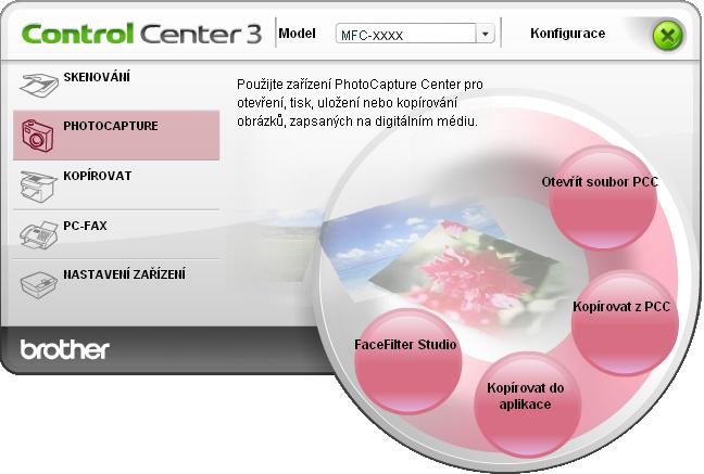 ControlCenter3 PHOTOCAPTURE 3 Tato tlačítka mohou být použita k otvírání nebo kopírování souborů a složek z paměñové karty nebo paměñové jednotky USB Flash instalované v zařízení.