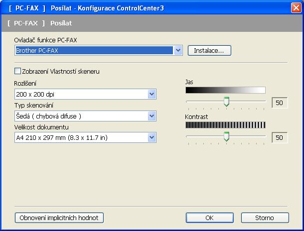 ControlCenter3 Posílat 3 Tlačítko Posílat vám umožní naskenovat dokument a automaticky poslat obrázek jako fax z PC při použití programu Brother PC-FAX. (Viz PC-FAX-vysíláni na straně 87.