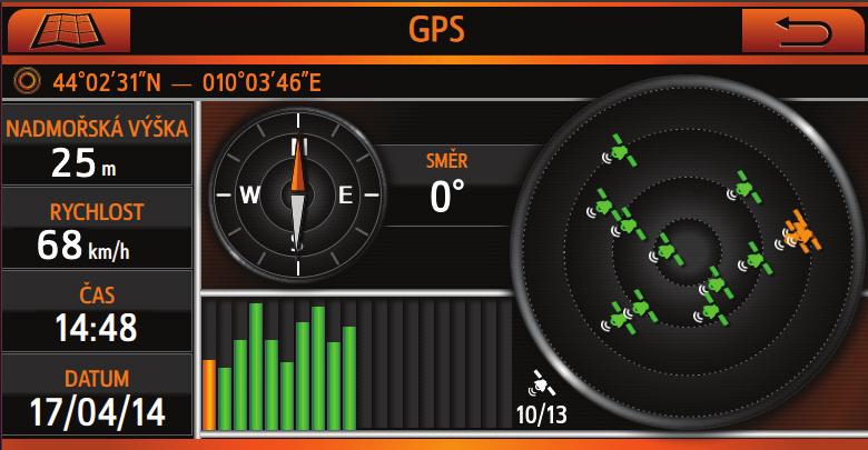2.5 STRÁNKA GPS Klepněte na bod na mapě, abyste aktivovali obrazovku, a klepněte na políčko stavu GPS. Stránka GPS je k dispozici také ze stránky Přehled cesty a Informační stránky o bodu.