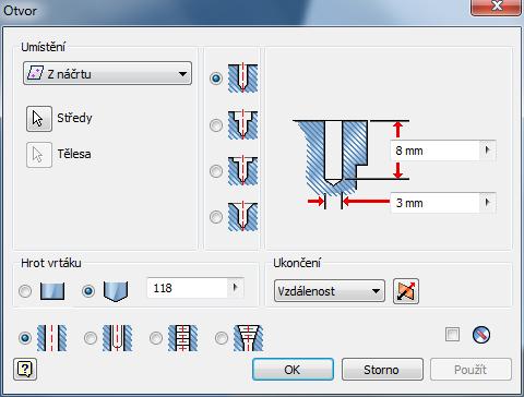 d) Dokončíme náčrt a z panelu Model vybereme příkaz Otvor. Definování rozměru otvoru Z náčrtu - Tato možnost vyžaduje středový bod otvoru nebo bod náčrtu načrtnutý na existujícím prvku.