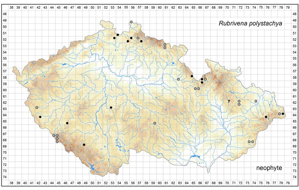 Distribution of Rubrivena polystachya in the Czech Republic Author of the map: Jiří Danihelka, Kateřina Šumberová Map produced on: 06-02-2017 Database records used for producing the distribution map