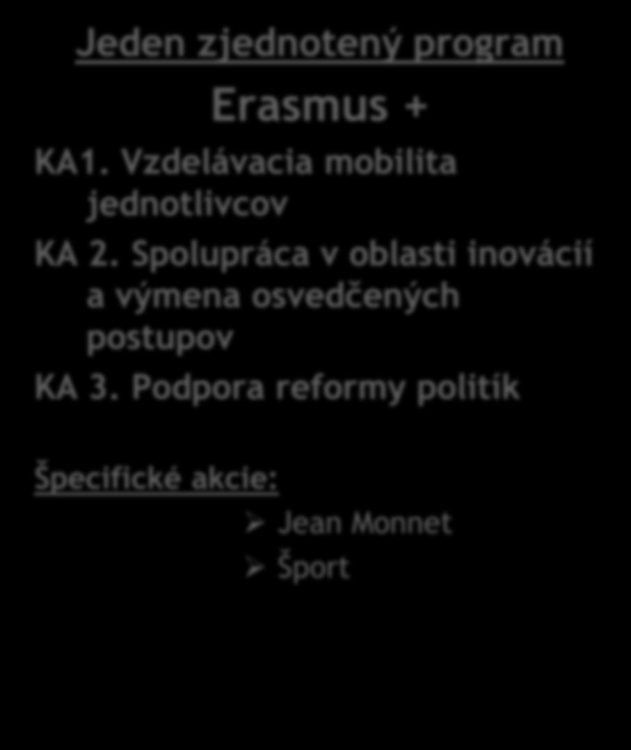 Minulosť/budúcnosť Predchádzajúce programy LLP: COM ERA GRU LDV Medzinárodné VŠ programy: Erasmus Mundus, Tempus, Alfa, Edulink, bilaterálne programy Jeden zjednotený program Erasmus +