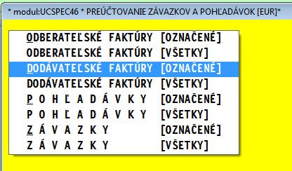 Spustenie funkcie prepočtu pohľadávok a záväzkov: Pred spustením funkcie musíte mať nastavené účtovné obdobie na mesiac december. Funkcia sa spúšťa cez PROLUC / SPRACOVANIE / X-ŠPECIÁLNE FUNKCIE.