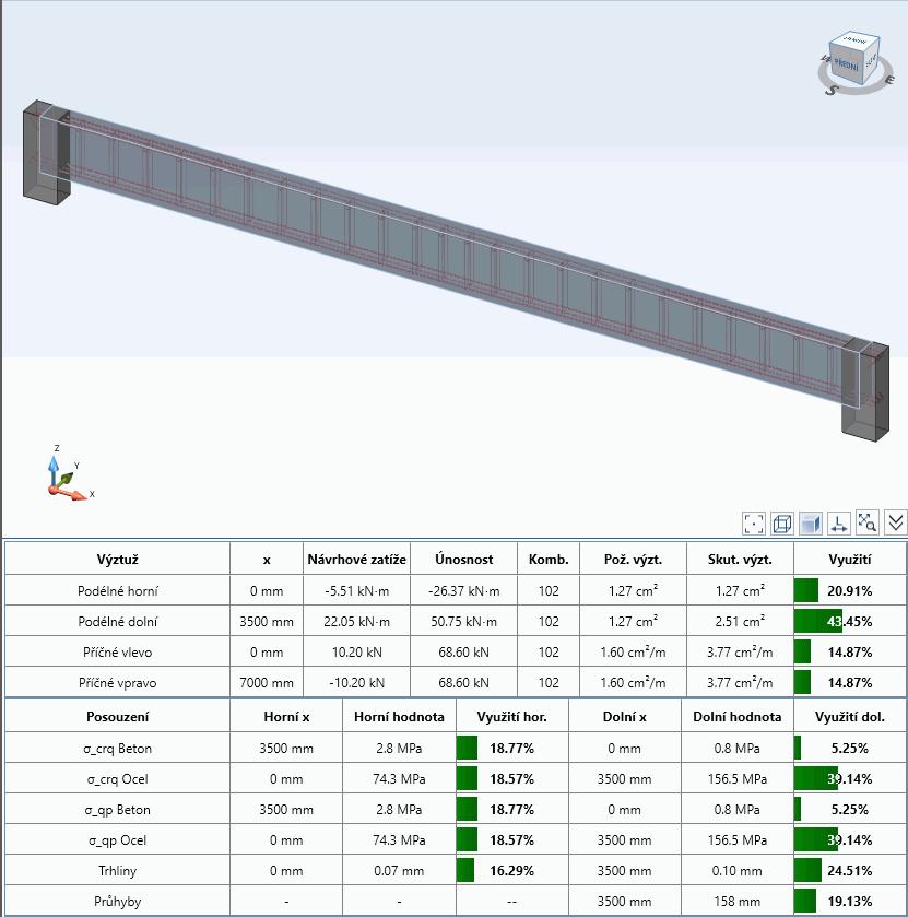 Reinforced Concrete Beam Designer 2017 R2 Panel informací V pohledu modelu se nachází detailní informační panel se základními výsledky a plochami výztuže získanými v rámci posouzení.