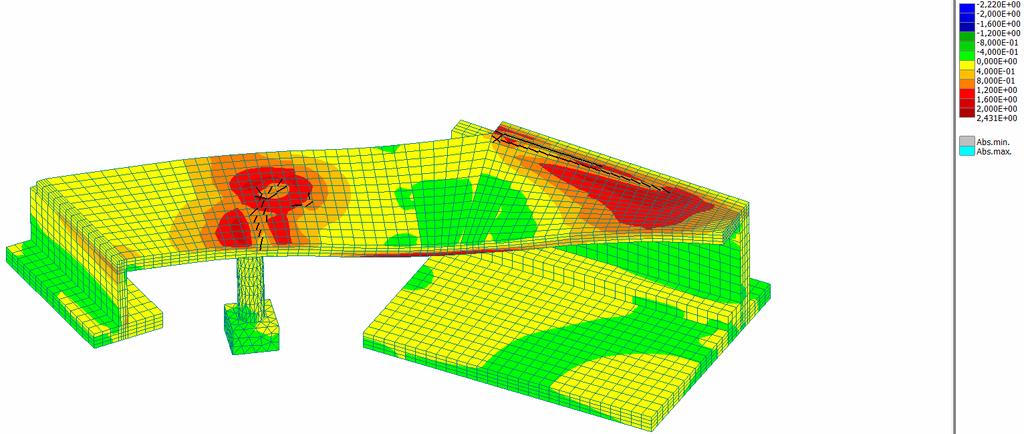 Obr. 0: Izoplochy prvních hlavních napětí vč. MKP sítě a obrazu trhlin (černé úsečky) max. šířka 0,85 mm (přetvoření konstrukce zvětšeno 50 ); horní obr. vlastní tíha, dolní obr.
