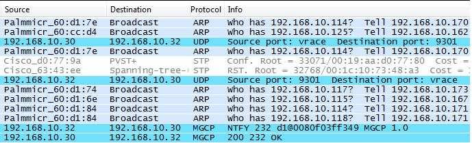 Obrázek 13 Zobrazení paketů pomocí programu Wireshark Obrázek 13 nám ukazuje, že protokol ARP má jako zdrojovou MAC adresu Palmicr_60:d1:7e, cílová adresa je Broadcast. Who has 192.168.10.114?
