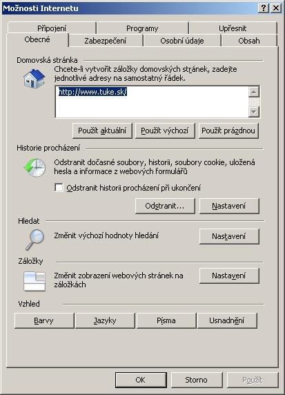 Cez menu Nástroje Možnosti internetu na karte obecné si