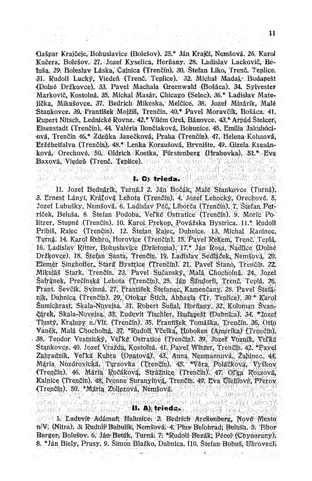 11 Gašpar Krajčeje, Bohuslavice (Bolešov). 25.* Ján Krajčí, Nemšová. 26. Káral Kučera, Bolešov. 27. Jozef Kyselica, Horňany. 28. Ladislav Lackovič, Beluša. 29. Boleslav Láska, Čajnica (Trenčín). 30.