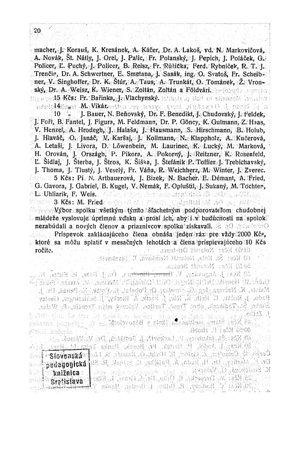 20 macher, J. Korauš, K. Kresánek, A. Káčer, Dr. A. Lakoš, vd. N. Markovičová, A. Novák, Št. Nátly, J. Orel, J. Palic, Fr. Polanský, J. Pepich, J. Poláček, G. Policer, Ľ. Puchý, J. Policer, B.