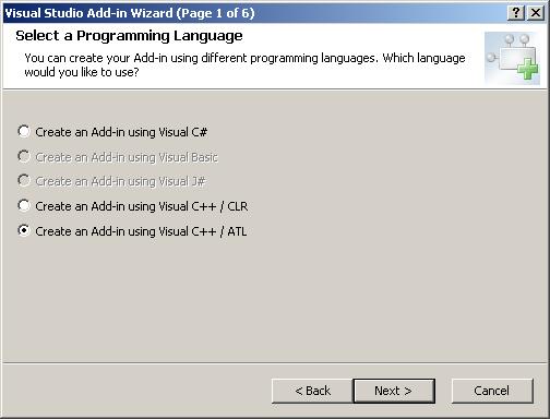 16 KAPITOLA 3. ZÁSUVNÉ MODULY PRO MICROSOFT VISUAL STUDIO 1. Nejprve se volí programovací jazyk, v kterém má být zásuvný modul vyvíjen C#, Visual Basic, J# nebo C++.