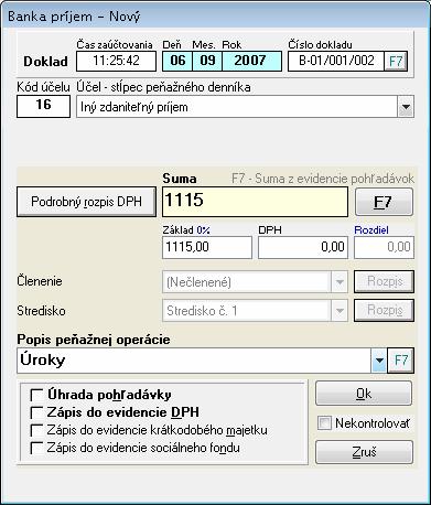 bankovom účte ako Výdavok vyplňte dátumové polia, zvoľte účel stĺpec peňažného denníka/daň z príjmov do políčka suma zapíšte sumu 211 Skv spodnej časti budú deaktivované všetky voľby, celý formulár