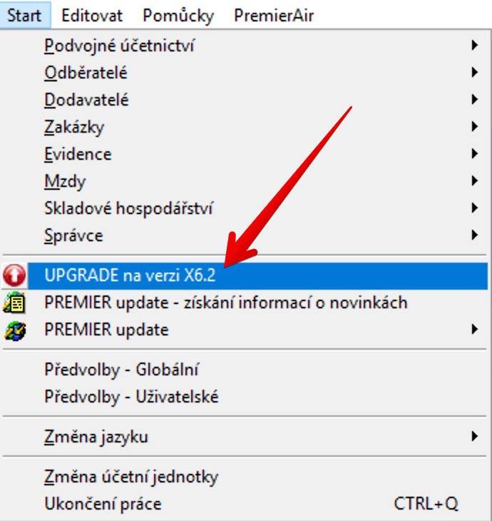 www.premier.cz Journal 23 Upgrade 2018 INSTALACE VERZE X6.2 Instalace nové verze probíhá prostřednictvím nové nabídky UPGRADE na verzi X6.2. Pokud se vám tato nabídka nezobrazuje, je nutné nejprve provést standardní aktualizaci PREMIER update (nachází se ve stejném menu)!