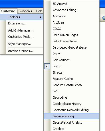 strana 8 Pomocí funkce Georeferencing nutno aktivovat v menu Customize Toolbars Georeferencing, po zatrhnutí se