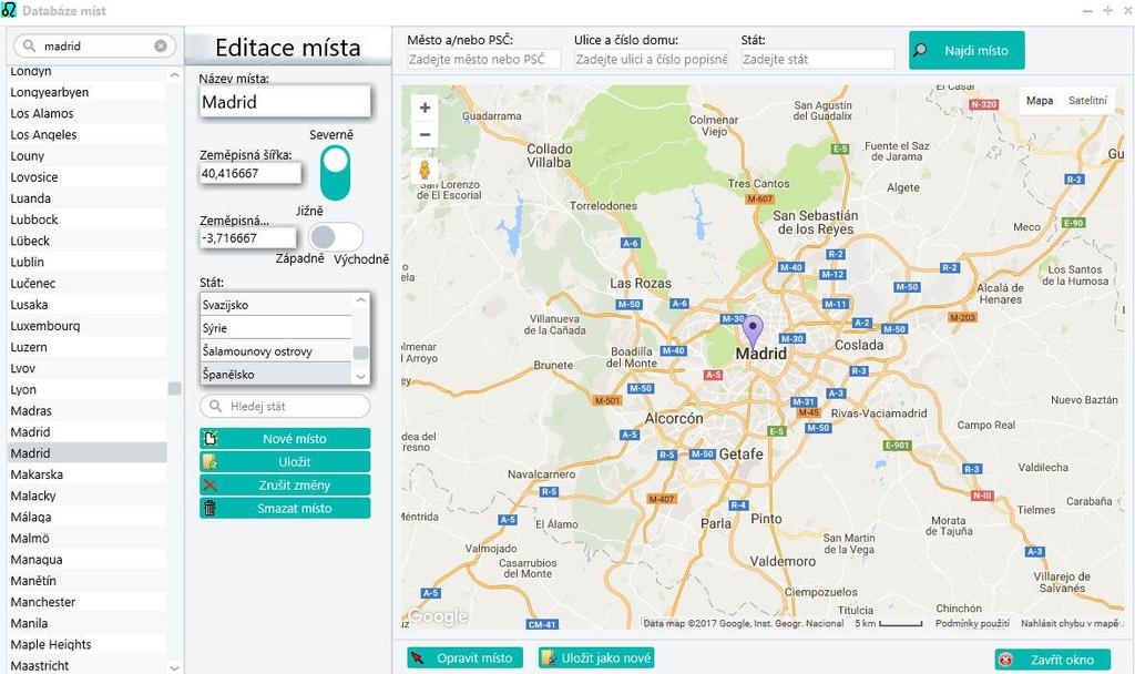 Databáze míst Okno pro zadávání nebo opravu míst otevřete po kliknutí na tlačítko Jiné místo (nebo Opravit / Nové vedle) na pravém panelu základního okna programu, popř.
