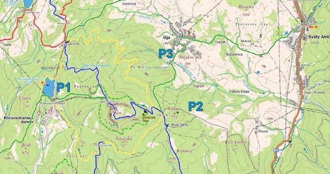Prístup ku skalám: Sú tri možnosti. P1) autom alebo autobusom na Počúvadlianske jazero, odtiaľ pešo (45 min, prevýšenie 300 m) po zelenej značke pod skaly.