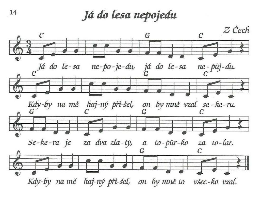 Řešení Já do lesa nepojedu Já do lesa nepojedu, (8) Sekera je za dva zlatý, (8) já do lesa nepůjdu (7) a topůrko za tolar.