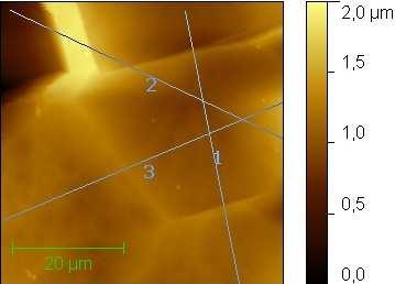 Topografie povrchu a) hladký povrch NSG10, 20 µm/s, 50 x 50 µm Výškový profil b) středně