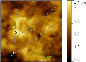 Topografie povrchu a) oblast 1 NSG10, 20 µm/s, 50 x 50 µm Výškový profil b)