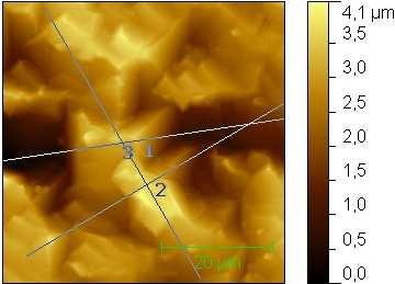 Topografie povrchu a) oblast 1 NSG10, 20 µm/s, 50 x 50 µm Výškový profil b) oblast