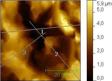 Topografie povrchu a) oblast 1 NSG30, 20 µm/s, 50 x 50 µm Výškový profil b) oblast