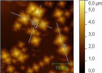 6.3.2 Alkalická textura Při měření topografie alkalické textury byly použity tužší hroty NSG30, neboť výška pyramid dosahovala až 6 µm.