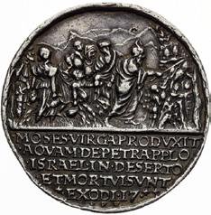 Mojžíš čerpá vodu ze skály. Kristus a Samaritánka. Medal 1554.