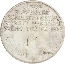 Anniversary of his birth Medaille 1932. Dr. Miroslav Tyrš. Jahrestag seiner Geburt Mz.: J.