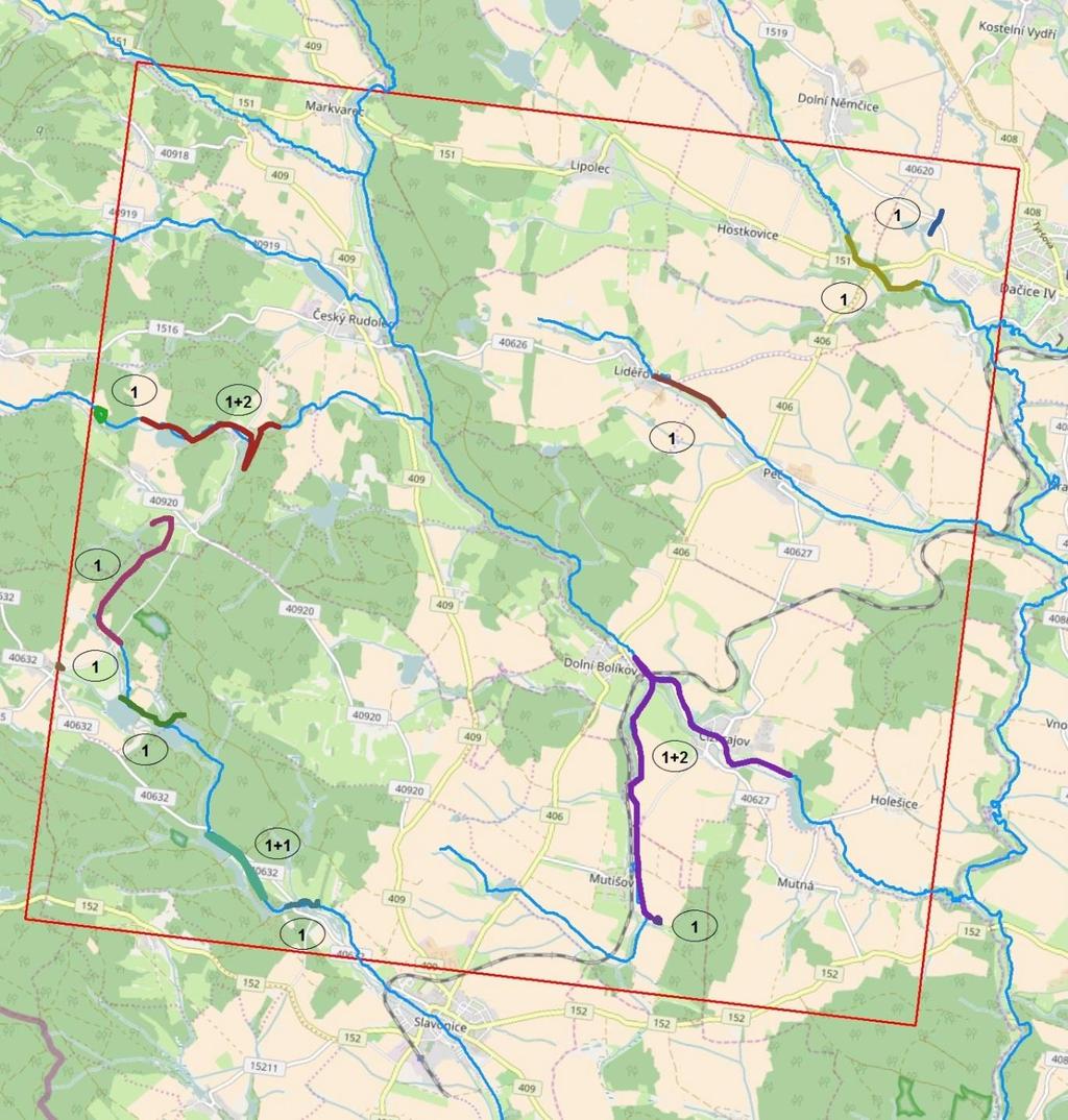 Obr. 4 Výsledky stopování na Dačicku dne 2. 2. 2017. Vyznačený kvadrát, stopovaná oblast, má plochu 10 10 km. Barevně jsou vyznačeny stopní dráhy nalezených jedinců.