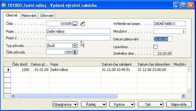 3 11 6. F3 vytvořte novou kartu Výrobní zakázky a do čísla původu vložte výrobek číslo 1250 (pomocí F6) a do pole Množství dejte 1 ks.