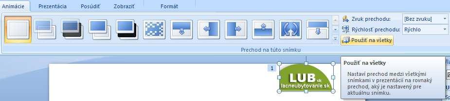 PowerPoint prechod snímok Predvolená animácia pri zobrazení snímky Animuje sa celý obsah snímky Postup Klikneme na