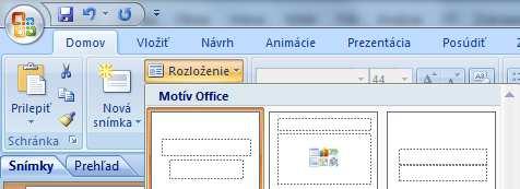 PowerPoint - rozloženie snímky Určuje vizuálne rozloženie obsahu (textu, obrázkov, grafov, tabuliek,